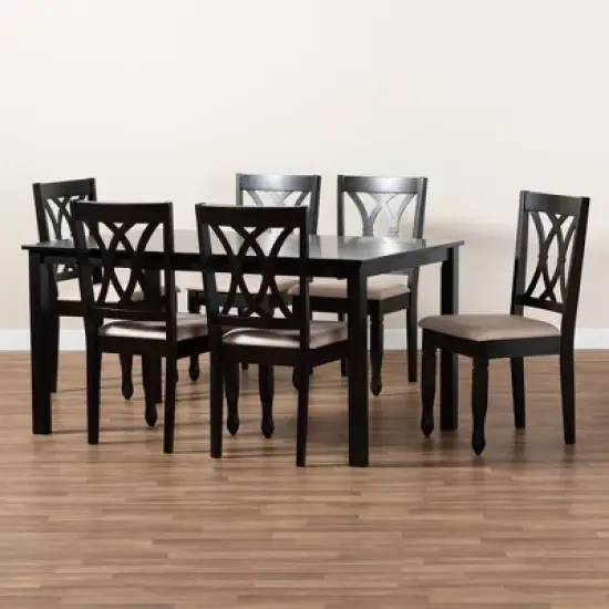 7pc Reneau Upholstered Wood Dining Set Sand Brown/Espresso - Baxton Studio image {6}