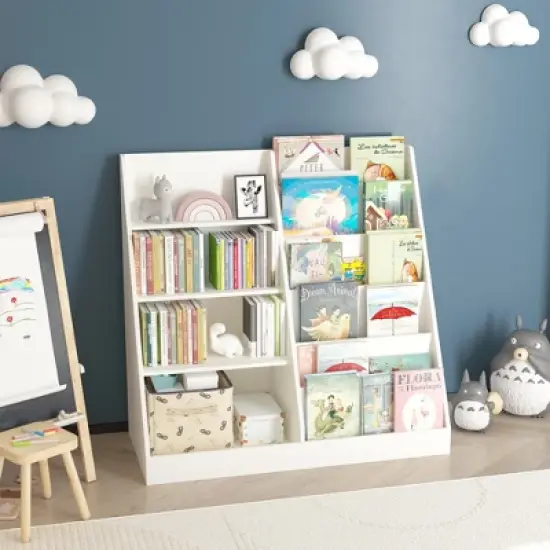 INFURNIC Decorative Bookshelf Multifunctional 4 Tier Wooden Kids Book Shelf With&nbsp; Bookcase Display Stand, Kids Bookshelf, White, 34.65"*15.75"*33.47" image {3}