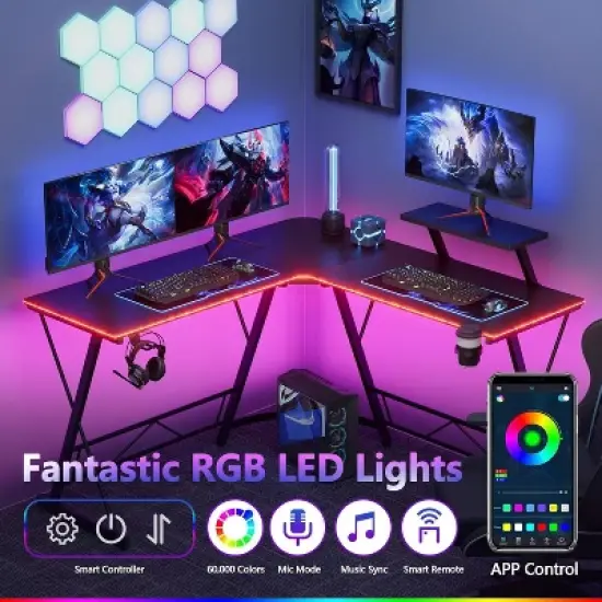 Mr Ironstone Gaming Desk with LED Lights, L Shaped Desk Corner with Cup Holder & Headphone Hook, Computer Desk Home Office Desks with Monitor Stand image {3}
