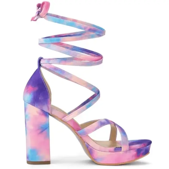 Allegra K Women's Tie Dye Platform Chunky Heel Lace Up Sandals image {6}