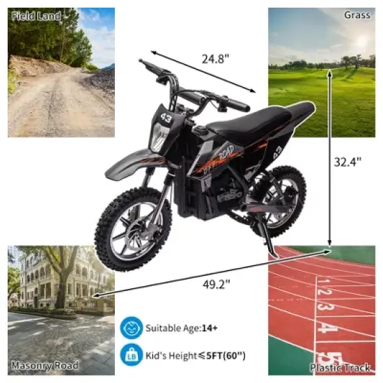36V Ride On Dirt Bike for Kids,Fast Speed Electric Powered Off-Road Motorcycle,15.5MPH,Led Light,Leather Seat,Disc Brake,Air-Filled Tires,Black image {5}