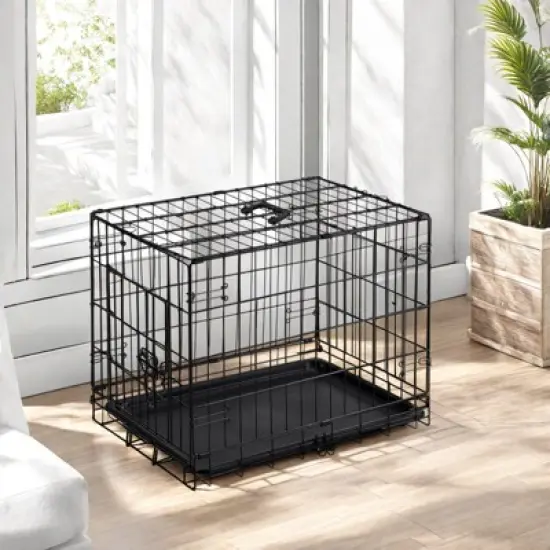 FURNIinspire Pet Crates And Houses 24 Inch Single Door Dog Cage, Metal Pet Kennel With Secure Lock, Removable Tray, Black , 16.5"* 24.4"*19.5" image {1}