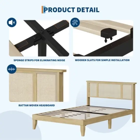 Garvee Bed Frame with Natural Rattan Headboard, Wood Slat Support, Metal Base image {7}