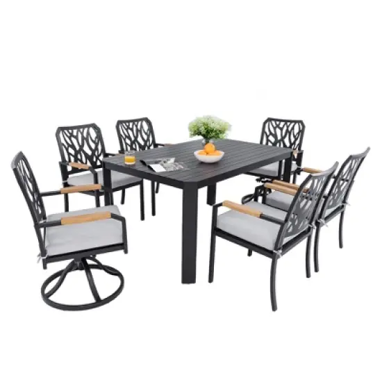 DOMETOUR 7Pcs Outdoor Patio Aluminum Dining Set, with 4 Dining Chairs & 2 Swivel Rockers, Branch-Like Backrest, Table with Umbrella Hole image {12}