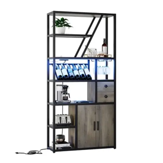 Wine Bar Cabinet with LED Lights & Power Outlets, Tall Coffee Bar Station with Wine Rack, Microwave Stand for Kitchen, Living Room image {8}