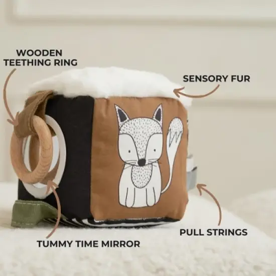 Soft Toy Block with Wooden Ring for Babies 0-6 Months &ndash; High Contrast Sensory Cube & Teether with Tummy Time Mirror for Newborn Development image {2}