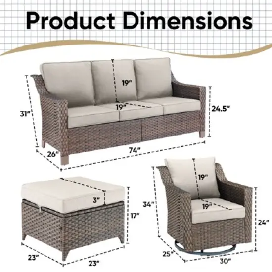 Belord 4 Pieces Rattan Patio Furniture Set, Patio Sofa Set with Patio Swivel Chair and Ottoman, Brown Wicker Furniture Ideas for Porch Deck image {10}