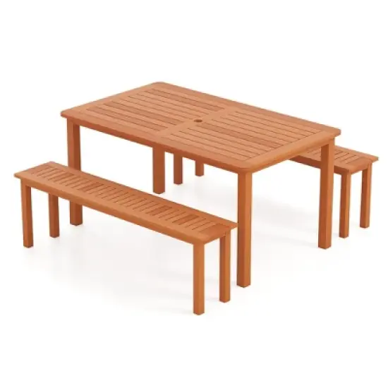 Tangkula Set of 3 Patio Dining Set Solid Wood Dining Table w/2 Benches 2" Umbrella Hole image {9}