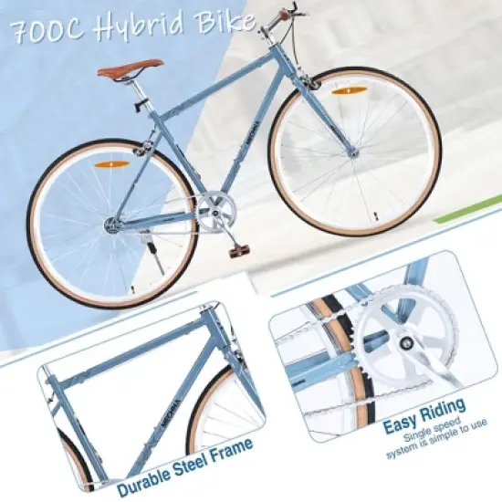 NAYSAYE Bicycle Single Speed Retro Style 700C Road Bike Steel Frame for Men and Women for City Rides, Blue and Gray, 64.97"*24.41"*38.52" image {2}