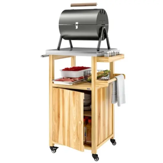 Outsunny Outdoor Grill Cart with Wheels, Storage Cabinet, Solid Wood Outdoor Kitchen Island with Stainless Steel Top, Integrated Hole image {7}
