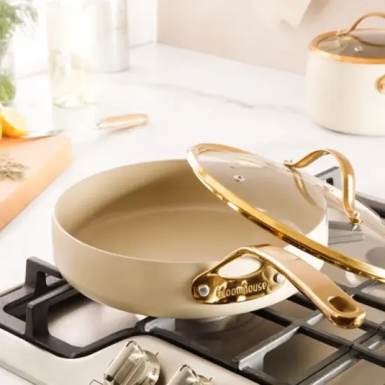 Bloomhouse 10 Inch Heavy Duty Aluminum Premium PFA Free Ceramic Nonstick Saute/Deep Frying Pan Skillet with Lid - Linen White with Gold Handle image {7}