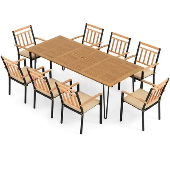 Costway 9 PCS Patio Dining Set with 8 Chairs  Acacia Wood Table Top Umbrella Hole for Yard image {6}
