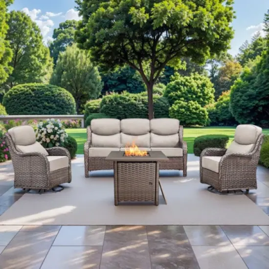 Gymojoy 4 Pieces Outdoor Patio Wicker Sofa Swivel Chair with 6 Inch Cushions and Fire Pit Table image {15}