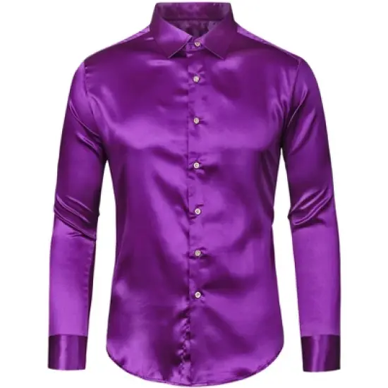 Lars Amadeus Men's Dress Satin V Neck Long Sleeves Button Down Slim Fit Prom Party Shirts image {1}