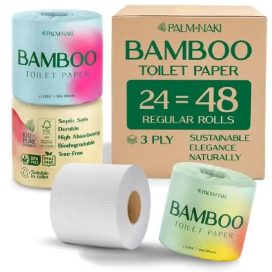 Palm Naki Bamboo Toilet Paper 3-Ply, Mega Rolls 360 Sheets/Roll, Strong & Gentle, Tree-Free Septic-Safe image {9}