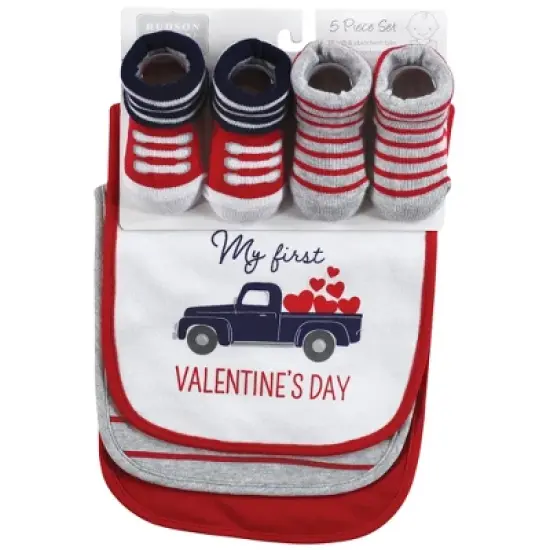 Hudson Baby Infant Boy Cotton Bib and Sock Set, Valentine Truck, One Size image {1}