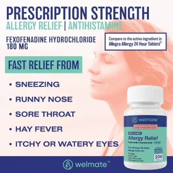 WELMATE 24 Hour Allergy Relief Tablets - Fexofenadine HCl 180mg 200ct image {1}