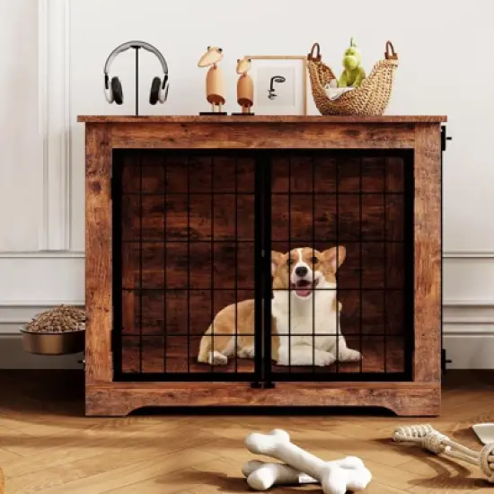 32" Dog Crate Furniture with Rotating Feeder, Wooden Crate End Table with 2 Doors, Heavy Duty Indoor Kennel Cage for Small to Medium Dogs image {4}