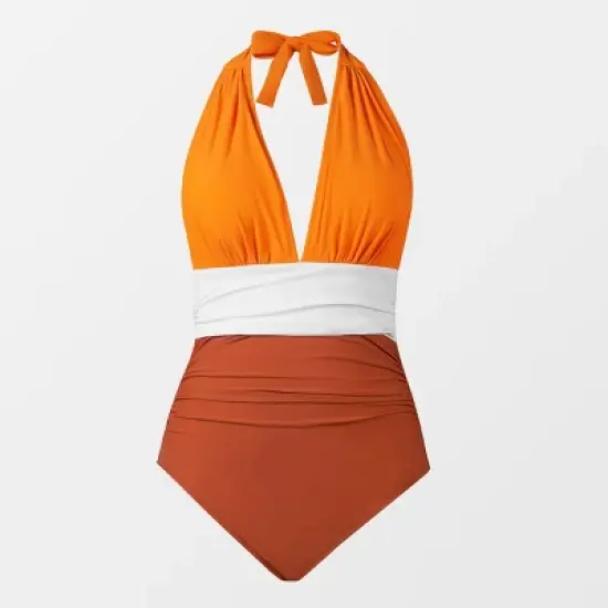 Women's Colorblock Halter Backless Ruched One Piece Swimsuit - Cupshe image {6}