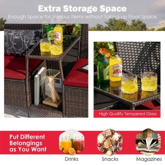 Costway Patio Rattan Wicker Conversation Set Sofa Cushioned Loveseat Glass Table image {4}