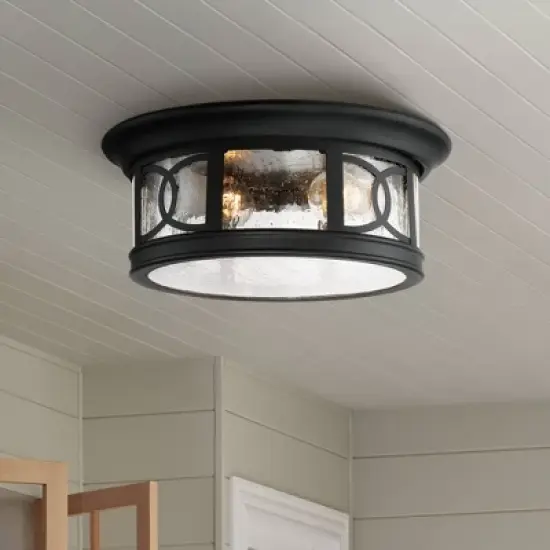 John Timberland Flush Mount Outdoor Ceiling Light Fixture Black 12" Seedy Glass for Exterior House Porch image {1}
