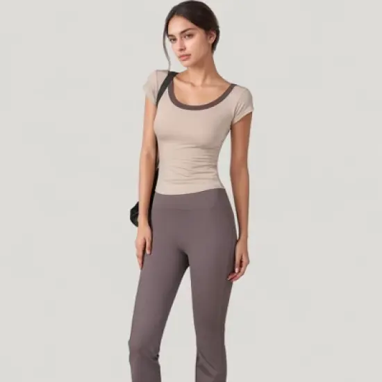 Anna-Kaci Active Women's Scoop Neck Contrast Trim Fitted Short Sleeve Active Top image {2}