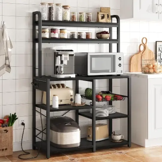 Industrial Kitchen Bakers Rack with Power Outlet,6-Tier Space-Saving Microwave Stand image {1}