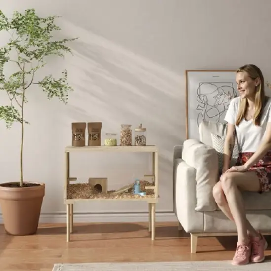 PawHut Wooden Hamster Cage with Legs, Gerbil Cage with Seesaw, Hut, Water Bottle & Food Dish, Hamster Habitat for Syrian, Dwarf, Mouse, Nature Wood image {5}