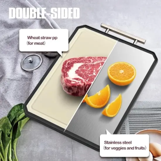 Attop Double Sided Steel Cutting Board Set for kitchen,Stainless Steel/Wheat straw pp Large for meat,Dishwasher Safe [16 * 11+12 * 8.3 Inch] image {3}