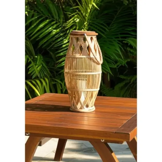 Essential Decor & Beyond 20.5" Tropical Bamboo Hanging Lantern With Glass Candle Holder and Rope Handle Decorative Accent image {2}