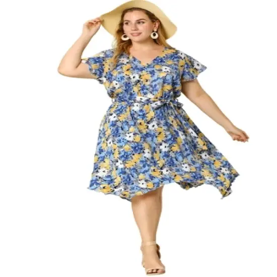 Agnes Orinda Women's Plus Size Floral Belted Ruffled Asymmetrical Hem Midi Dress image {2}