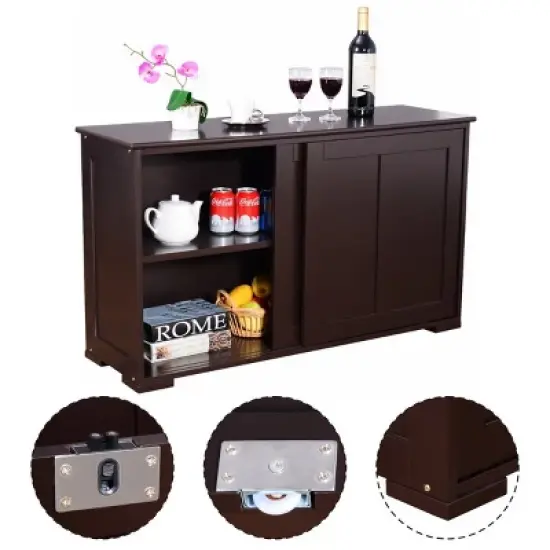 Costway Kitchen Storage Cabinet Sideboard Buffet Cupboard Wood Sliding Door Pantry Brown image {8}