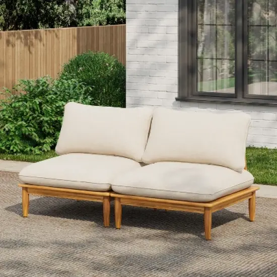 Scott Living Sacova Outdoor Acacia Wood Armless Chair, Teak Finish Frame with Beige Cushion, Set of 2 image {1}