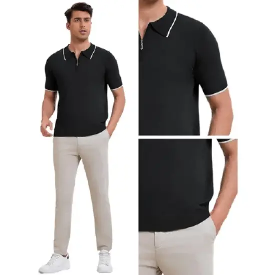 INSPIRE CHIC Men's Formal Solid Color Short Sleeved Zipper Slim Fit Classic Knit Polo Shirts image {4}