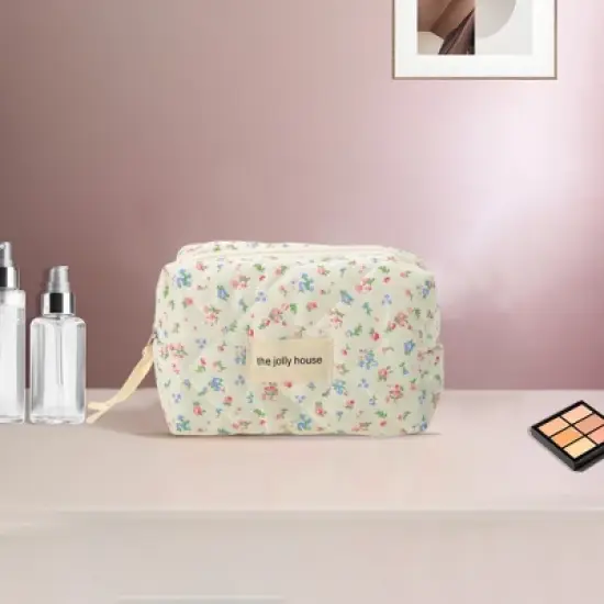 Unique Bargains Quilted Square Flowers Makeup Bag Red Green 1 Pc image {4}