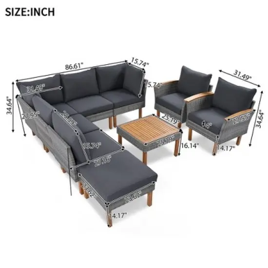 Outdoor Patio Rattan Sectional Sofa With Wooden Legs Tabletop, Upholstered Patio Sofa Set, All Weather Wicker Rattan Furniture, Gray image {5}