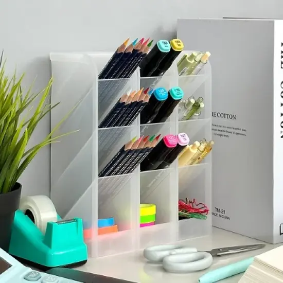 Wrapables Pen Organizer with 4 Compartments Desk Storage Organizer for Home, Office, Work, Small (3pcs) / Clear image {6}