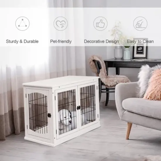 Gulches Dog Crate Furniture, Small Dog Cage End Table with Two Opening Sides, Lockable Door, Puppy Kennel Indoor, Cute and Decorative, Pure White image {5}