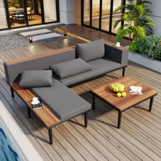 Outdoor Patio Conversation Sectional Sofa Set with Cushions and Coffee Table, Modular Wood Furniture for Deck, Backyard, or Porch - The Pop Home image {7}