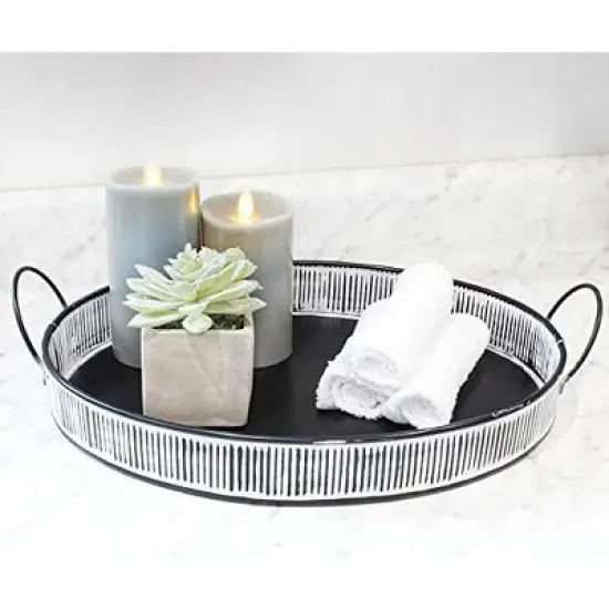 AuldHome Design Decorative Boho Serving Tray; Distressed White Over Black Metal Tray image {1}