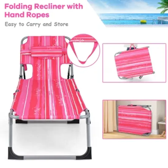 Tangkula Lounge Chair Beach Chair w/ Face Arm Hole Detachable Pillow Adjustable Backrest Side Pocket Outdoor Folding Chaise Sunbathing Chair Hot Pink image {6}