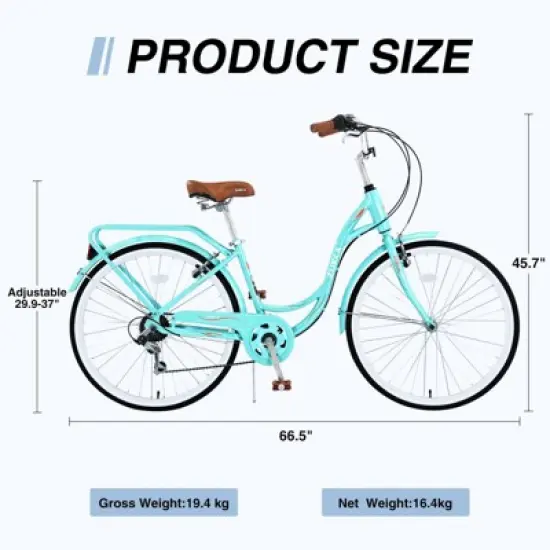 INFURNIC Bicycles 7 Speed Ladies Bike with Steel Frame and V Brakes for Women Commuter and Leisure Riding, Green, 66.5"*45.7"*22.05" image {3}