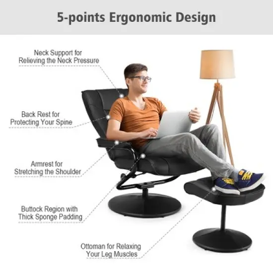 Costway Recliner Chair Swivel PU Leather Lounge Accent Armchair w/ Ottoman Black image {6}