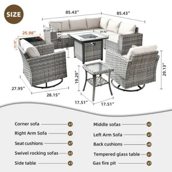 Marlton 10pc Wicker Outdoor Fire Pit Patio Furniture Set Conversation Sofa with Swivel Chairs and Cushions image {13}