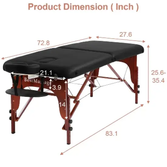 BestMassage Massage Table 2-Fold Portable Spa Bed with Height Adjustabe & PU Leather, Black image {6}