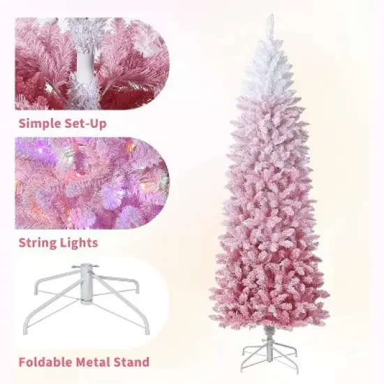 6ft/7.5ft/9ft Prelit Blue Gradient Snow Flocked Pencil Christmas Tree with 100 Dual-Color LEDs, 820 Tips & Metal Stand image {2}
