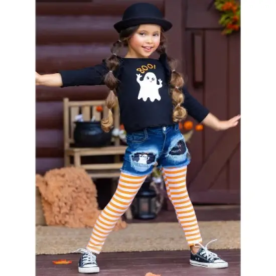 Girls All Boo'd Up Top, Patched Denim Shorts, & Legging Set - Mia Belle Girls image {5}