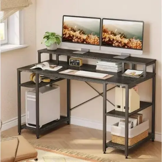 Bestier 55'' Computer Desks with Reversible Bookshelf, Standing Writing Desk for Home Office/Studying/Gaming image {9}