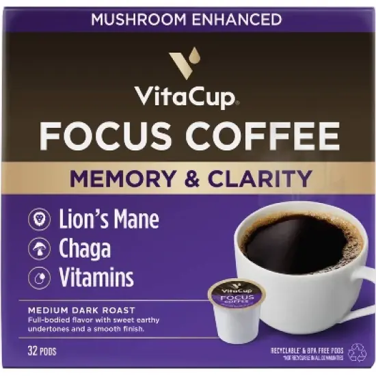 VitaCup Focus Mushroom Coffee Pods for Memory & Clarity Medium Roast Coffee - 32ct image {7}