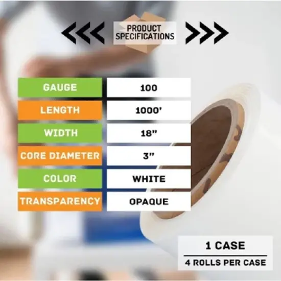 PSBM 4 Rolls Dark White Cast Hand Pallet Stretch Wrap 18" x 1000 Ft. x 100 Gauge image {3}